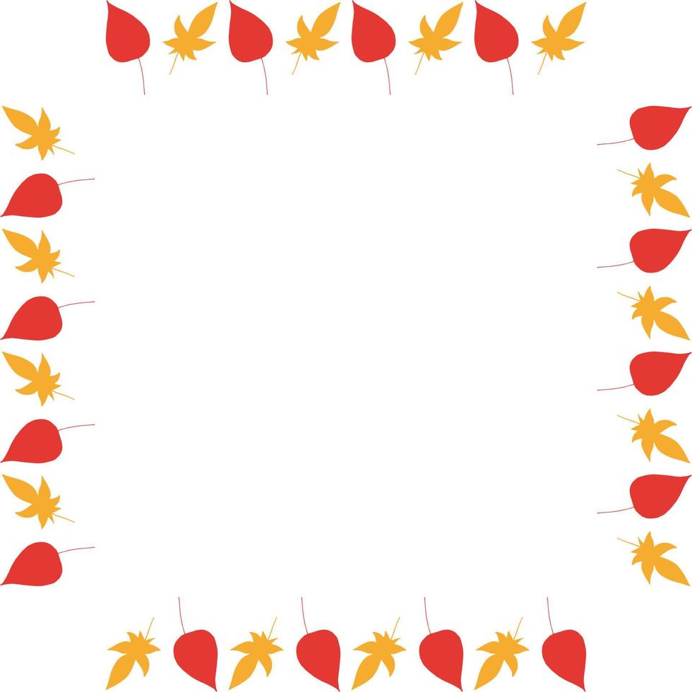 Square frame with vertical red and orange leaves on white background. Isolated wreath for your design. vector