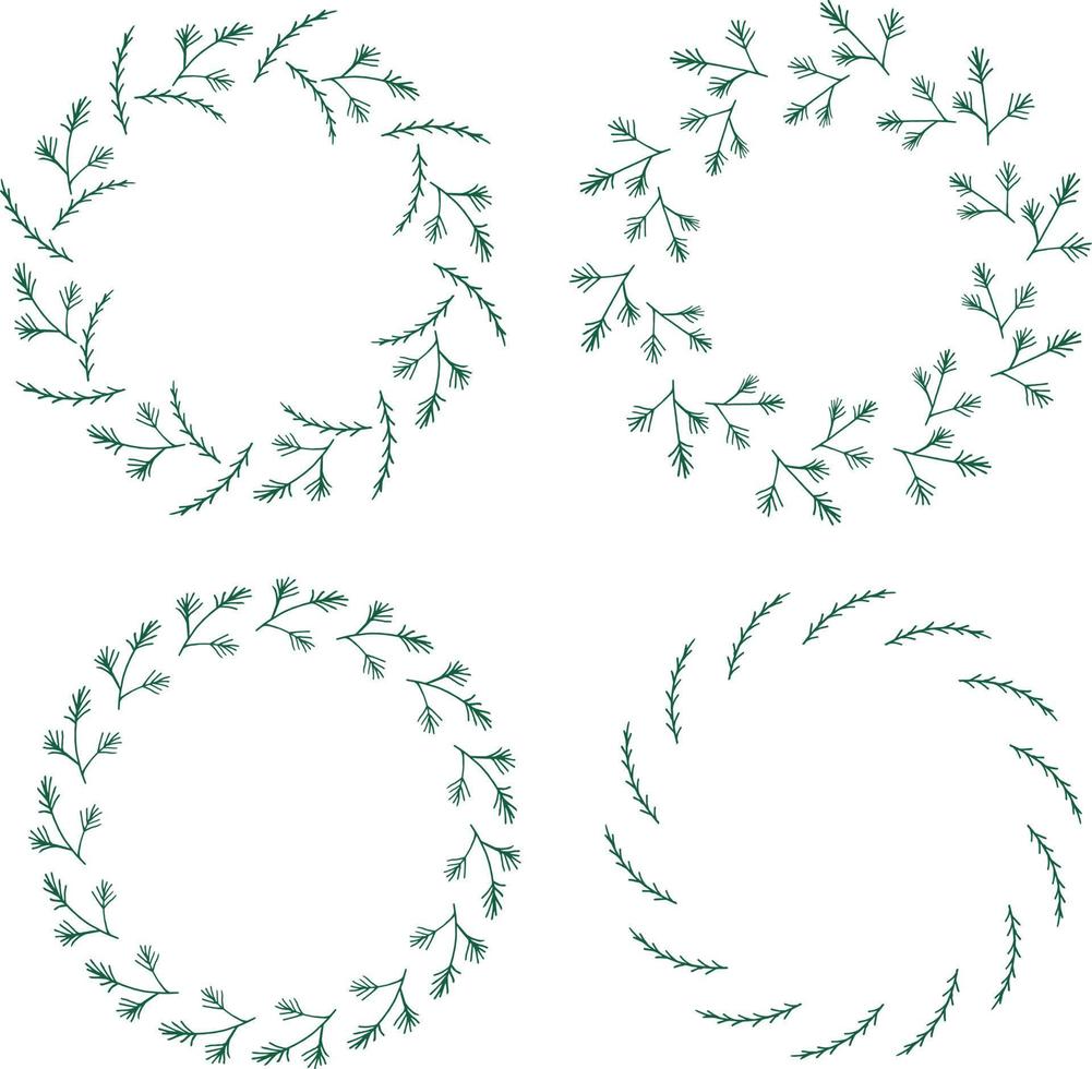 Four round frames made of fir and pine branches . Wreaths on white background for your design vector