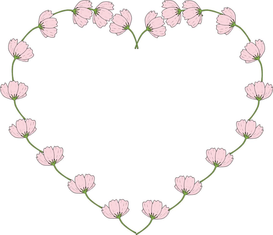 Heart made of cosmos flowers. Template with romantic pink flowers for your design vector