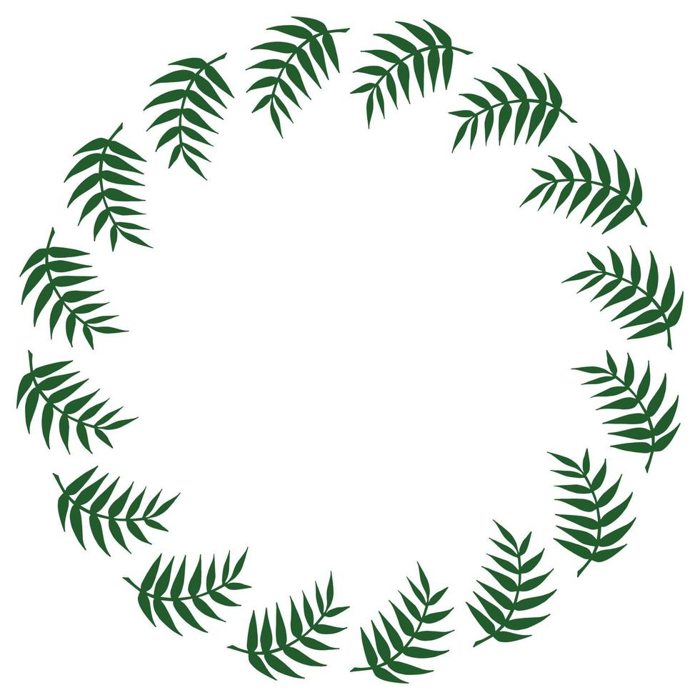 Round frame with green branches on white background. Vector image. Isolated wreath for your design.