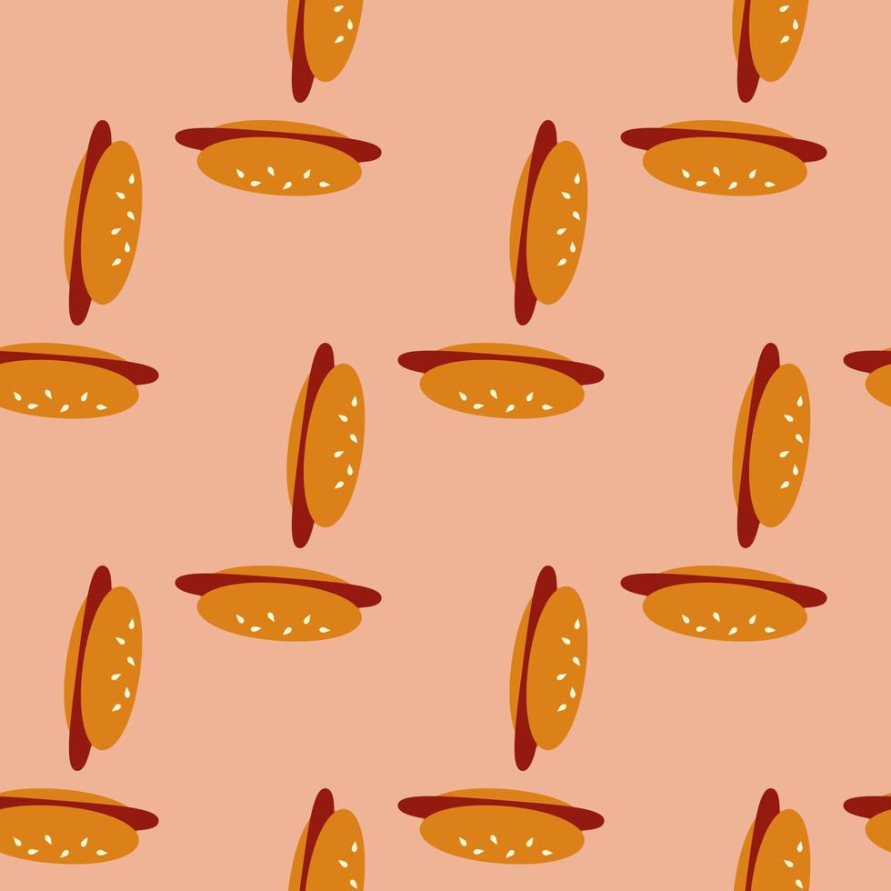 Seamless pattern with hot dog on light orange background. Vector image.