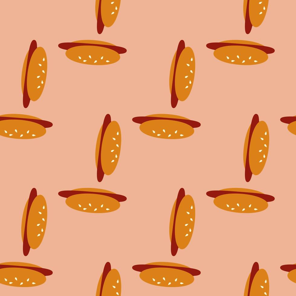 Seamless pattern with hot dog on light orange background. Vector image.