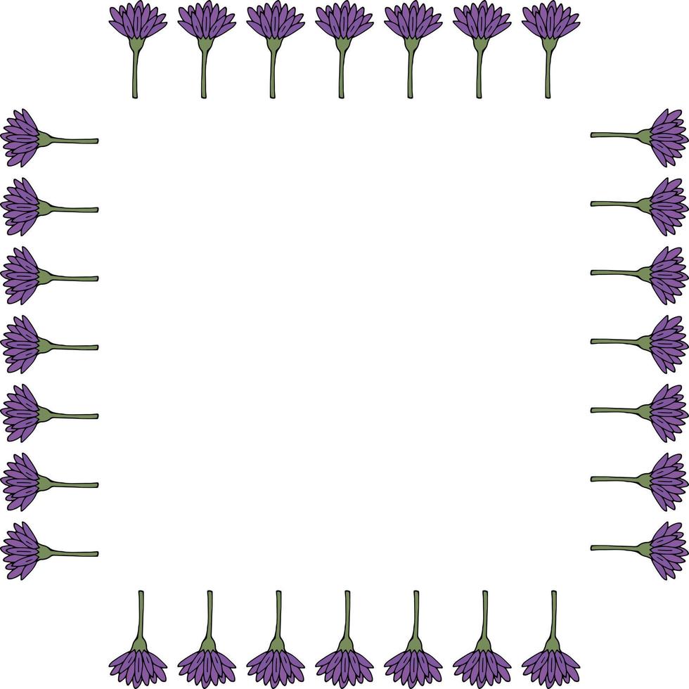 Square frame with vertical violet flowers on white background. Vector image.