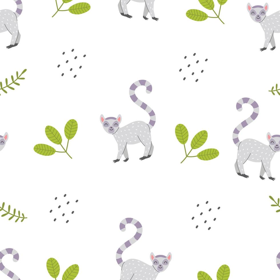 Seamless pattern with cute lemur on a white background. Vector childish illustration