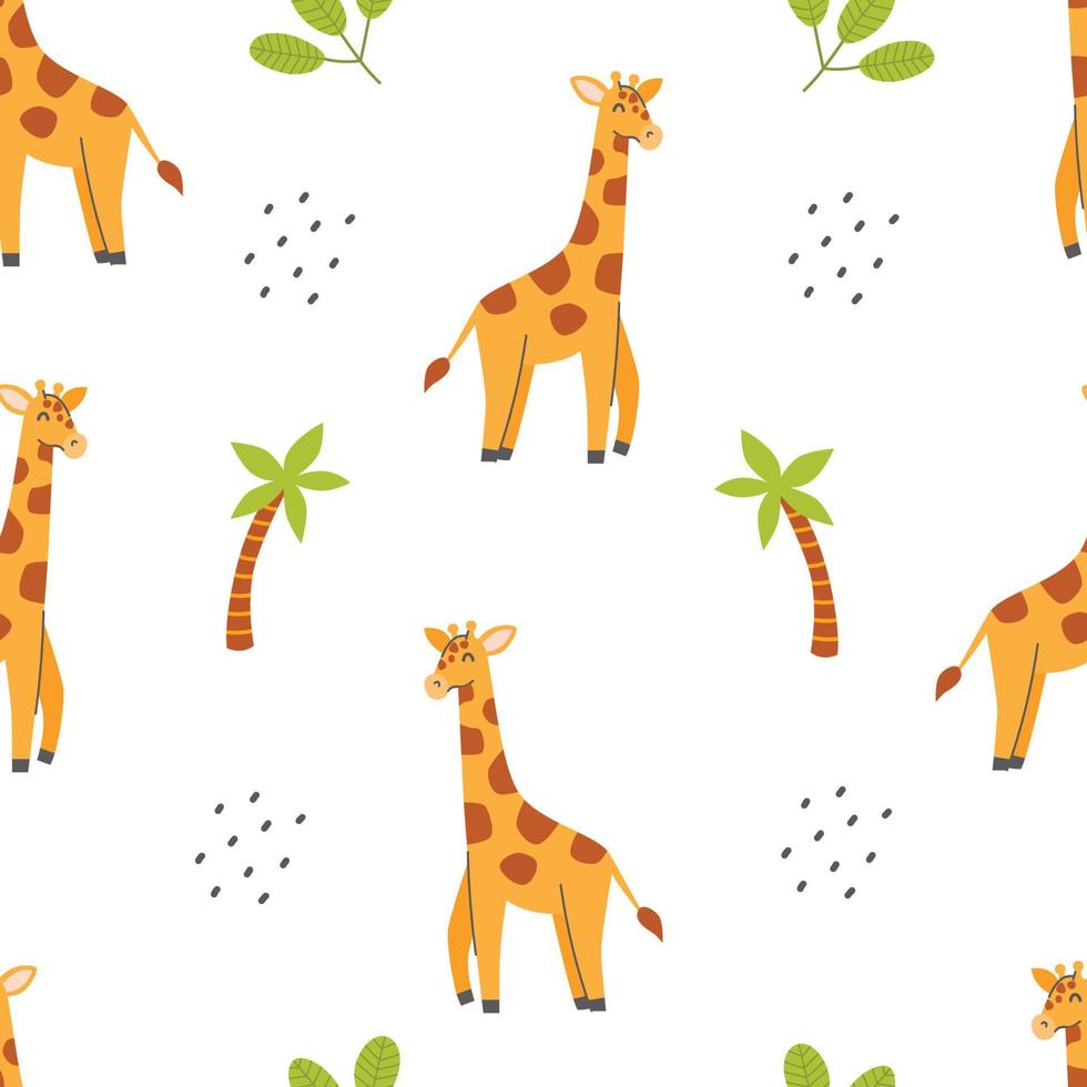 Seamless pattern with cute giraffe and palm tree on a white background. Vector childish illustration