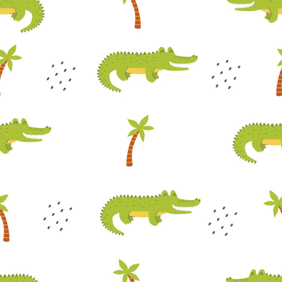 Seamless pattern with cute crocodile and palm tree on a white background. Vector childish illustration