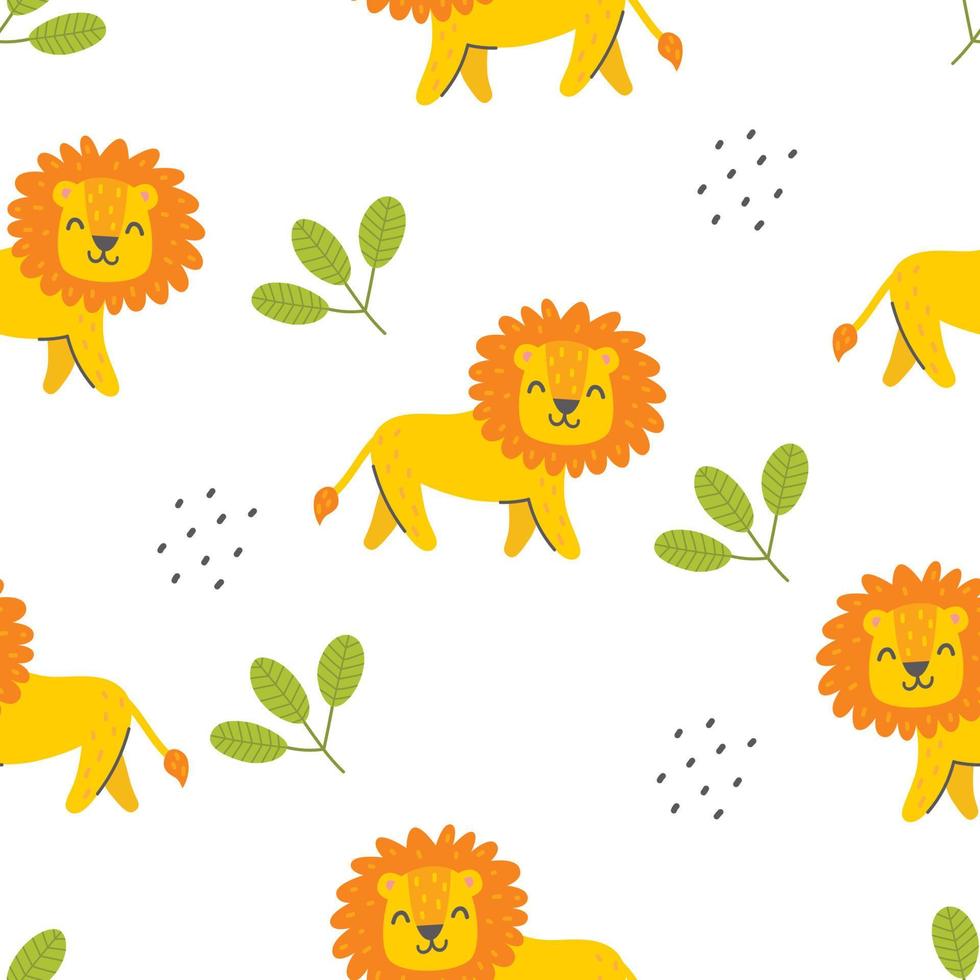 Seamless pattern with cute lion on a white background. Vector childish illustration