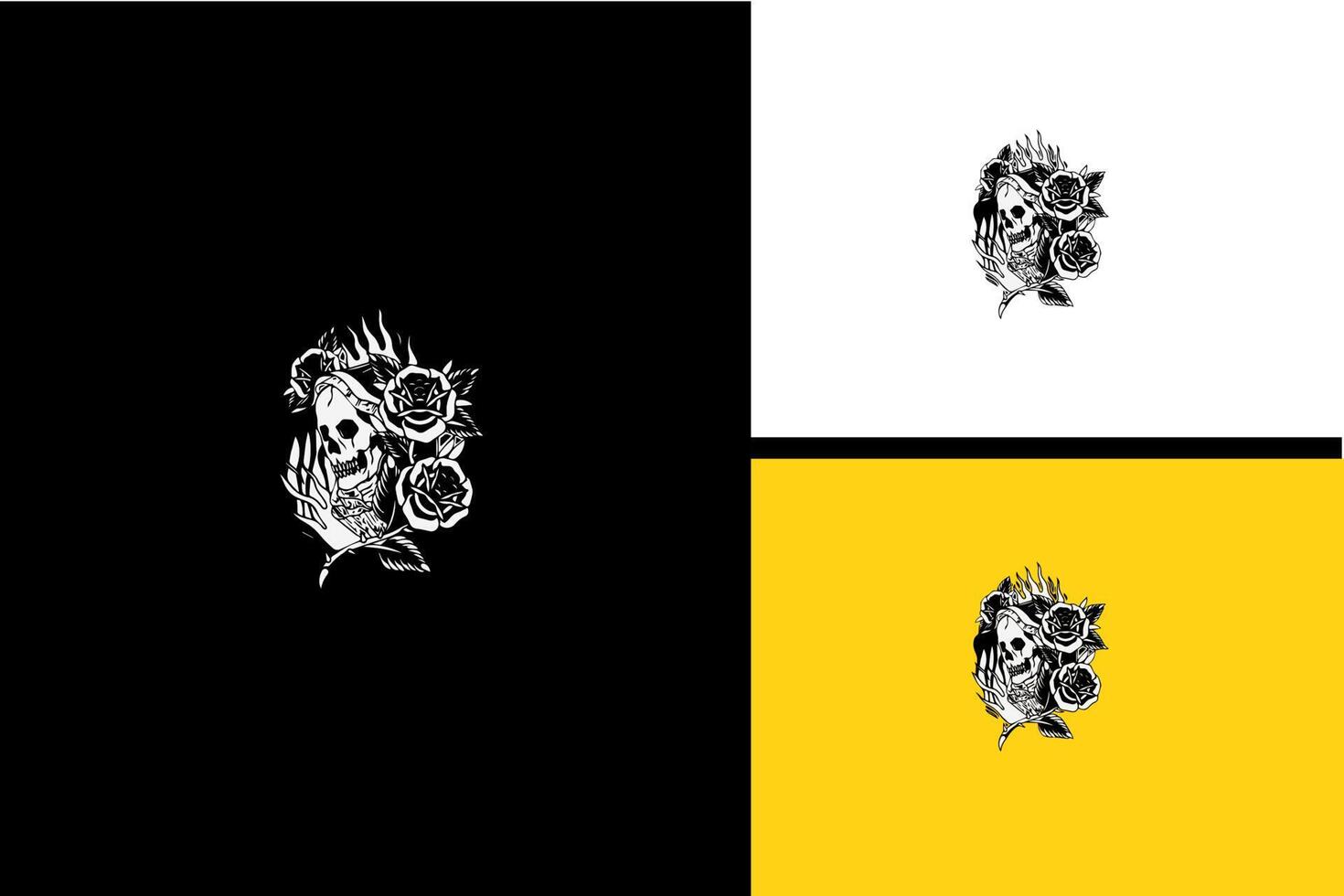 cabeza, cráneo, y, rosa, flor, vector, blanco y negro vector