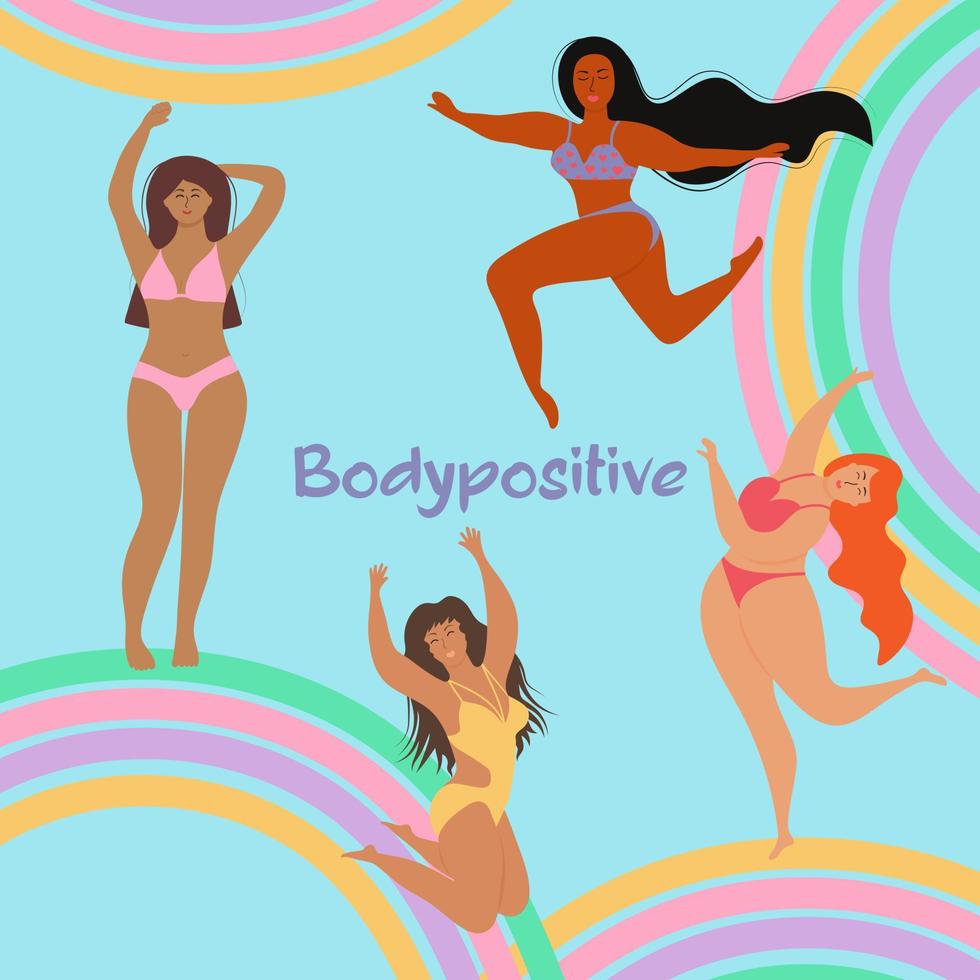 Happy girls in swimsuits of different nationalities and rainbows. Body positive movement and feminism, mental health and good vibes. vector