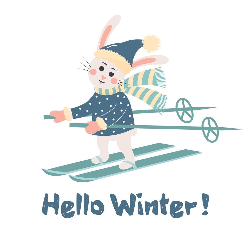 Cute rabbit in hat and scarf is skiing. Hello winter text vector