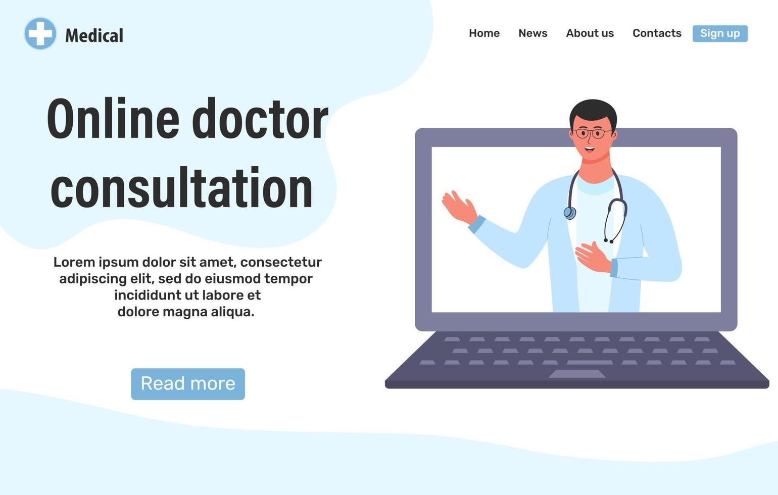 Web page design template for online doctor consultation. Doctor with stethoscope on the laptop screen. vector