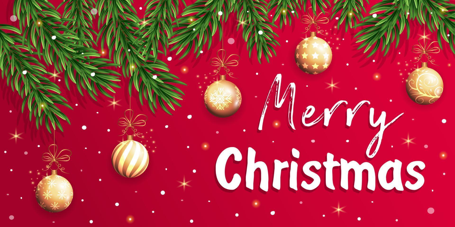 Christmas banner with fir branches decorated with gold balls and snow. Merry Christmas text. vector