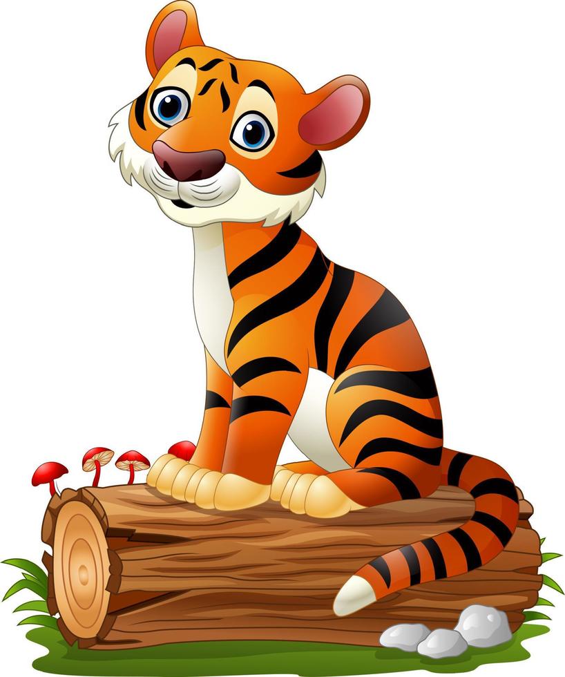 Cartoon tiger sitting on tree stump vector