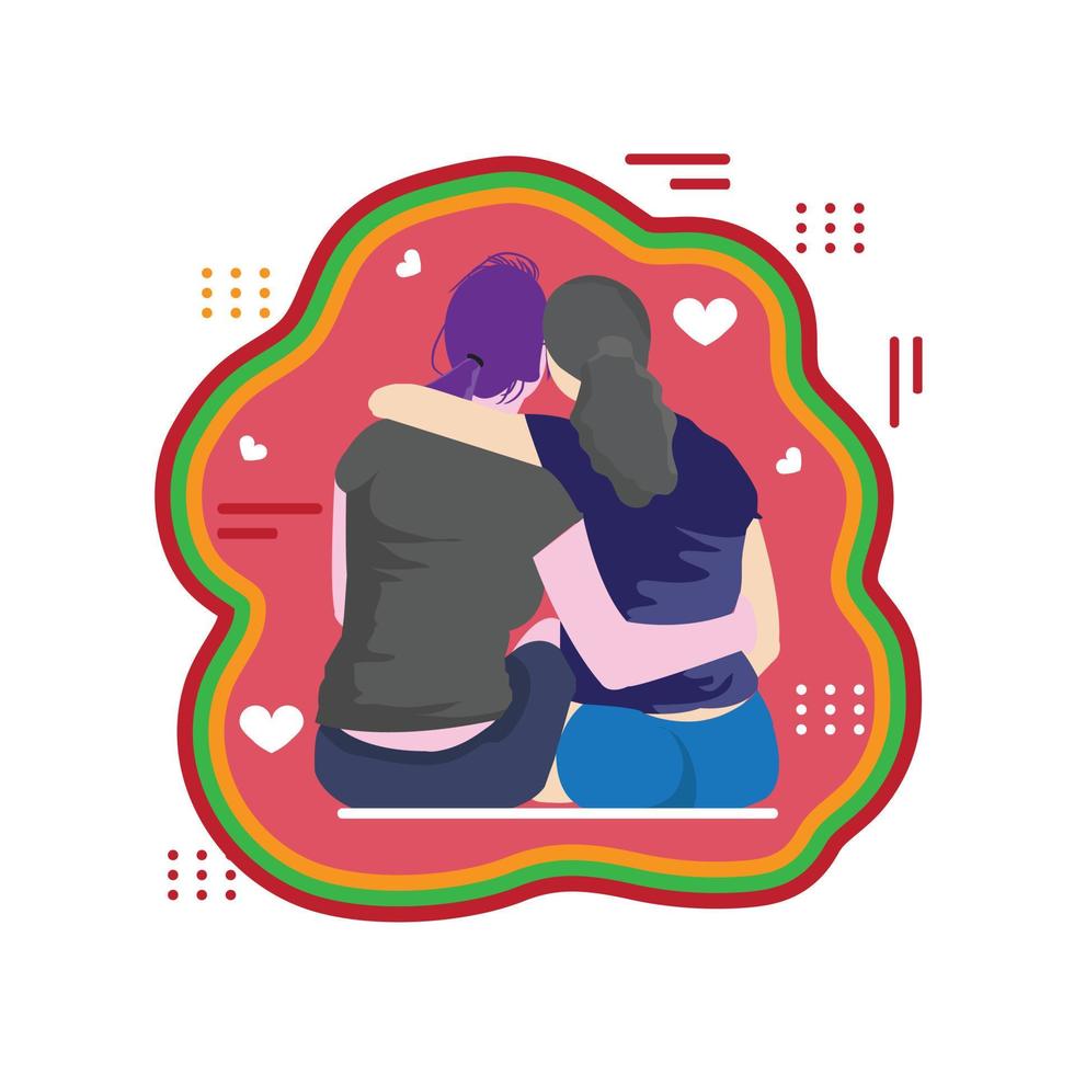 Two female sitting on back view close together and enjoying view in front of them. Romantic moment or LGBT or family time together concept vector illustration.