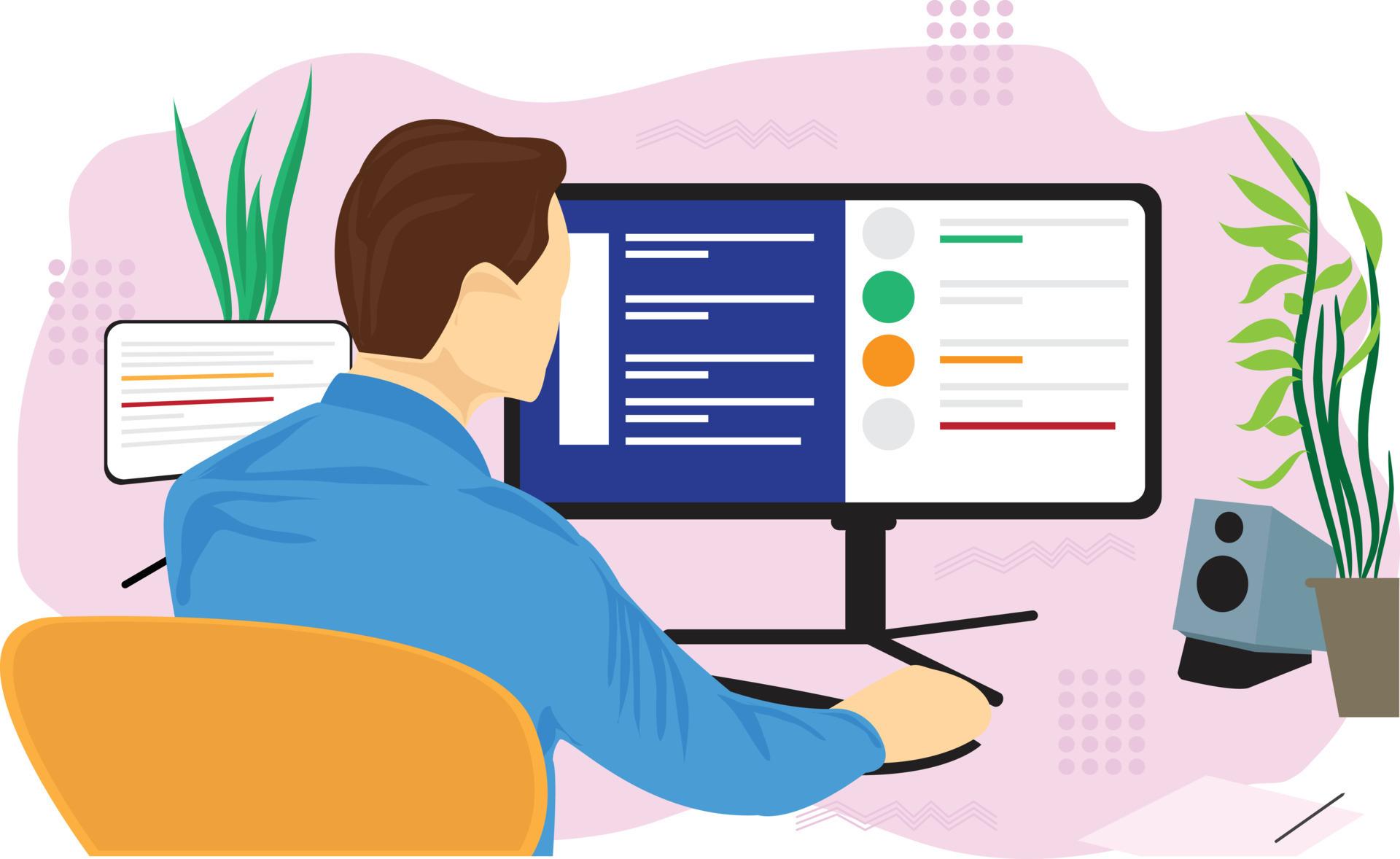 Man working inside room on desktop computer, work from home theme