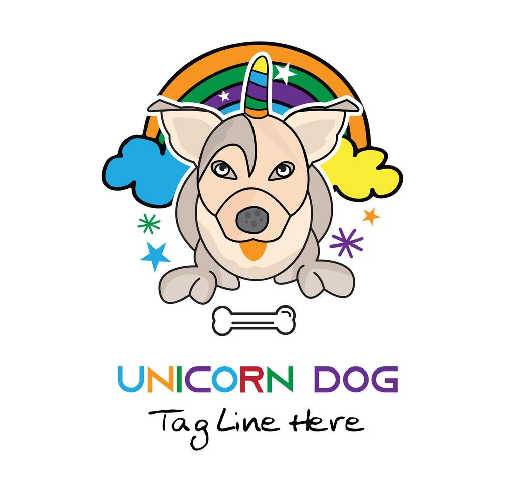 Cute and colorful unicorn looking dog with rainbow behind logo vector illustration with dummy text on white background.