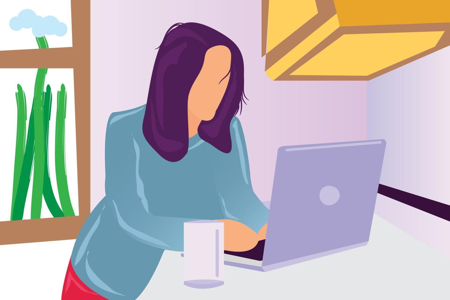 Woman working inside room on laptop, work from home theme vector illustration.