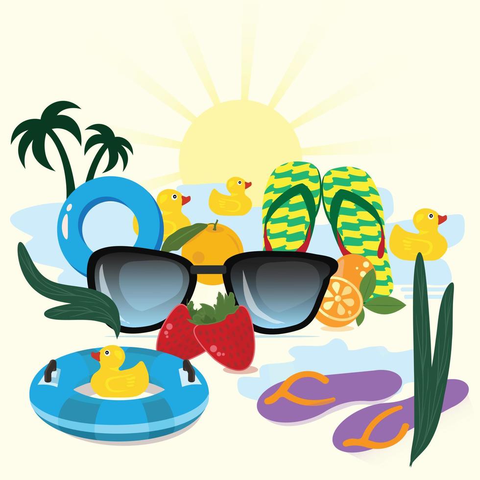 decoración de arte de ilustración vectorial temática de verano con vidrio solar, frutas, agua, chanclas, tubo de natación, palmera y agua. fondo de verano. vector