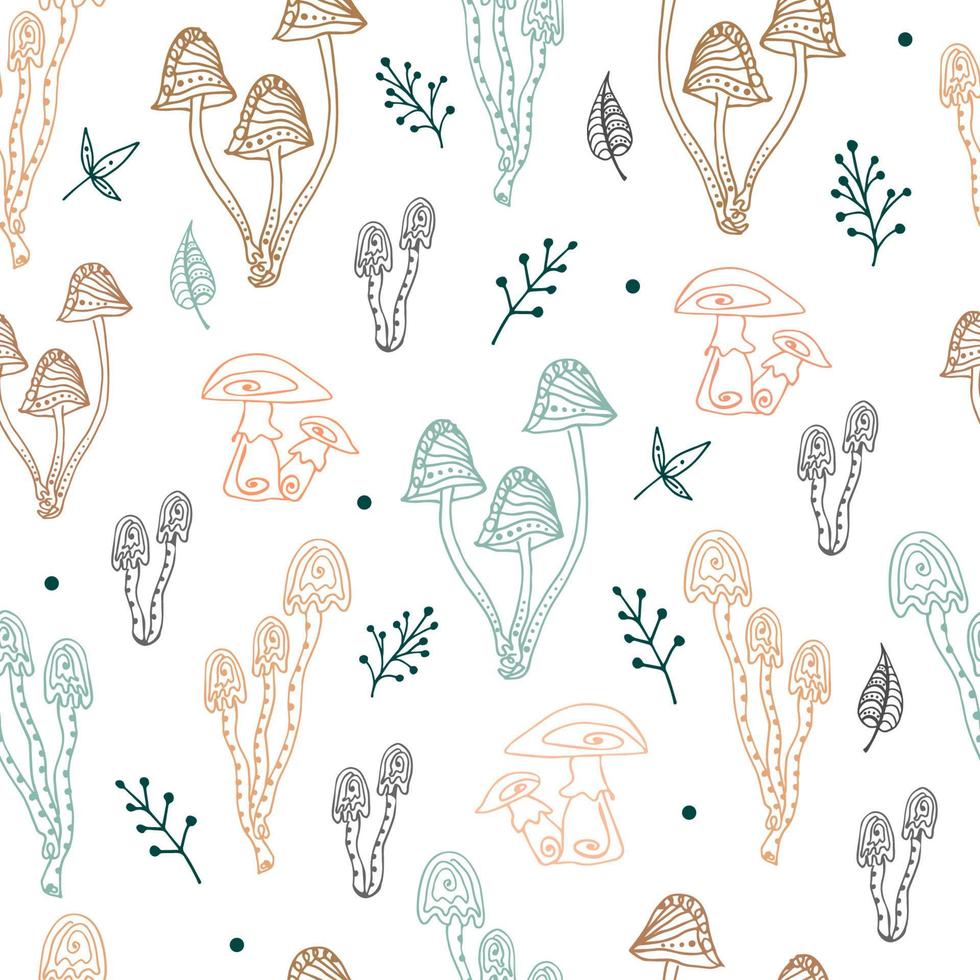 Seamless pattern with simple small mushrooms and plants in pastel colors. Autumn repeating background. Cute baby print. Vector illustration in scandinavian decorative doodle style