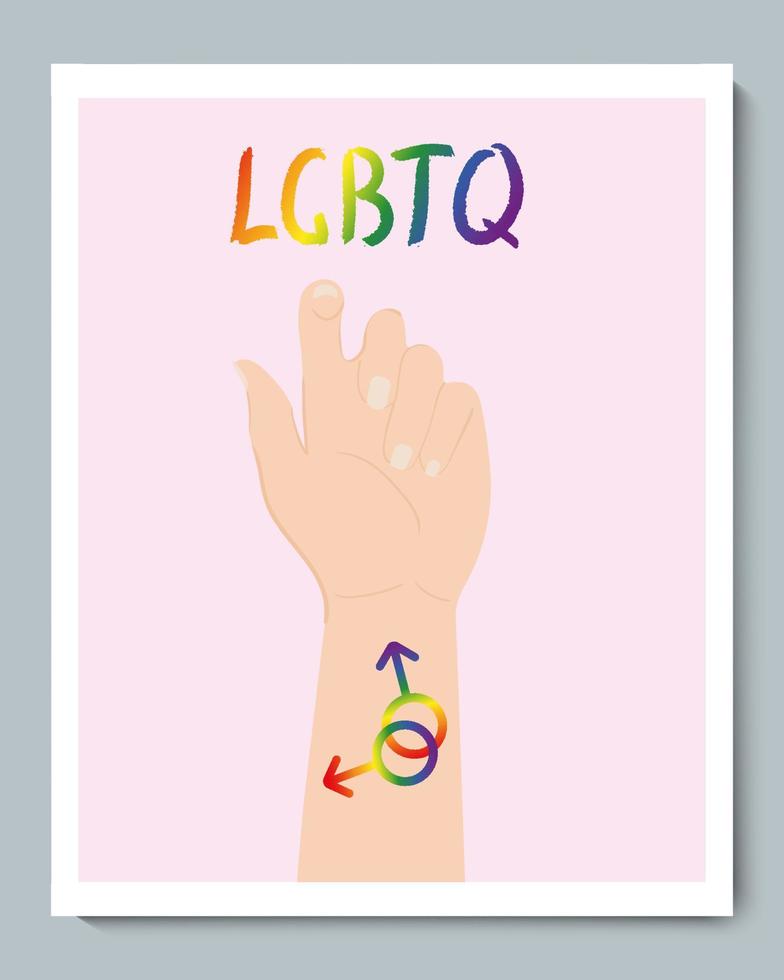 mano blanca con símbolo masculino gay de género arco iris e inscripción doole lgbt vector