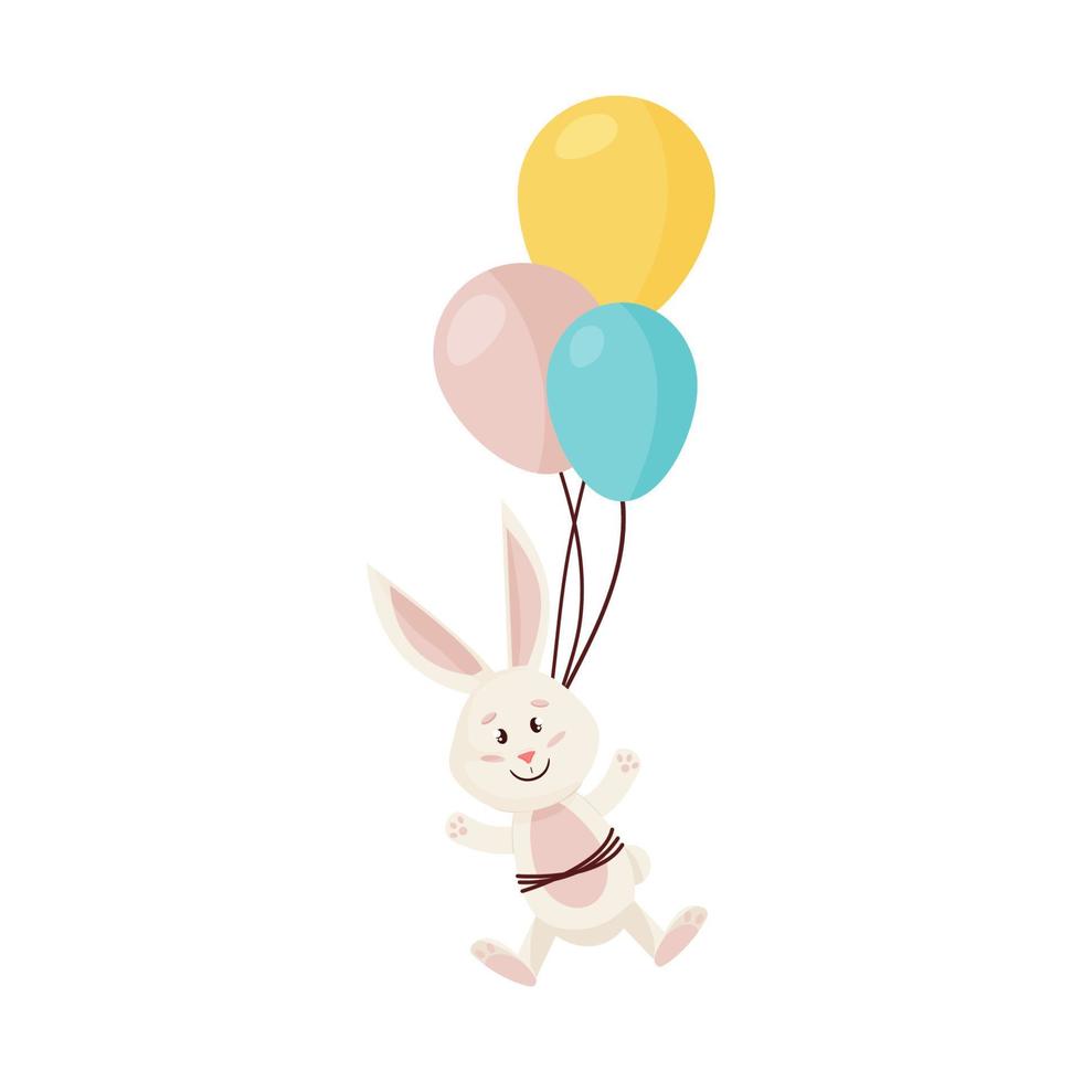 personaje de conejito. volando y riendo divertido, feliz pascua, día de nacimiento conejo de dibujos animados con tres globos vector