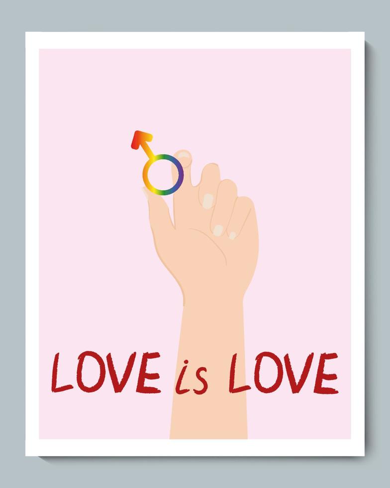 White Hand with Rainbow Gender LGBT Male Symbol and Doole Inscription Love is Love vector