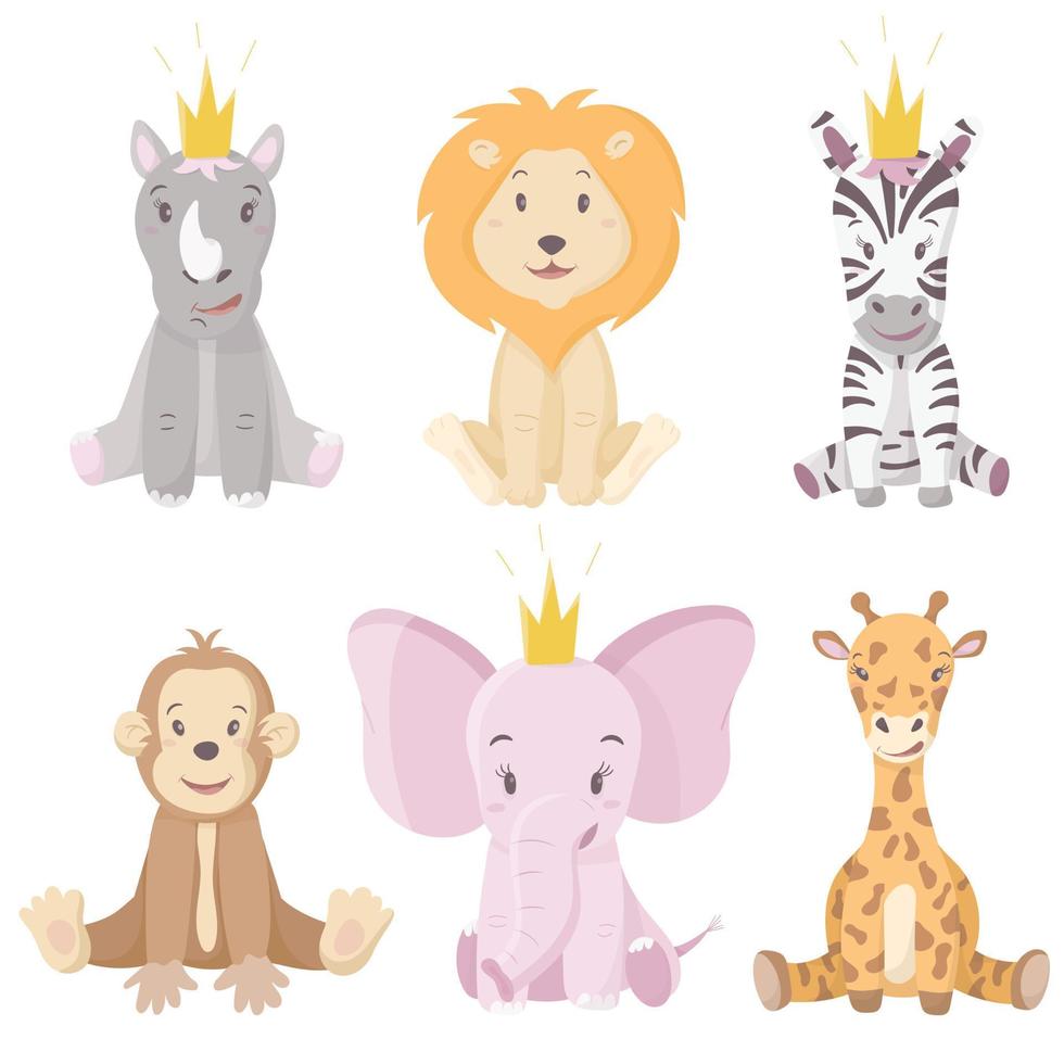 Set of cartoon wild African vector animals. Baby pictures of cute sitting pets in crowns.