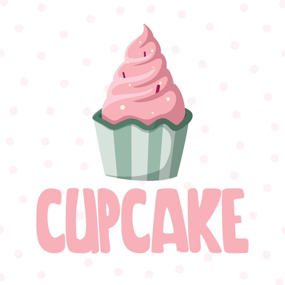 Cute happy birthday gift card with a picture of delicious cupcake and lettering. vector