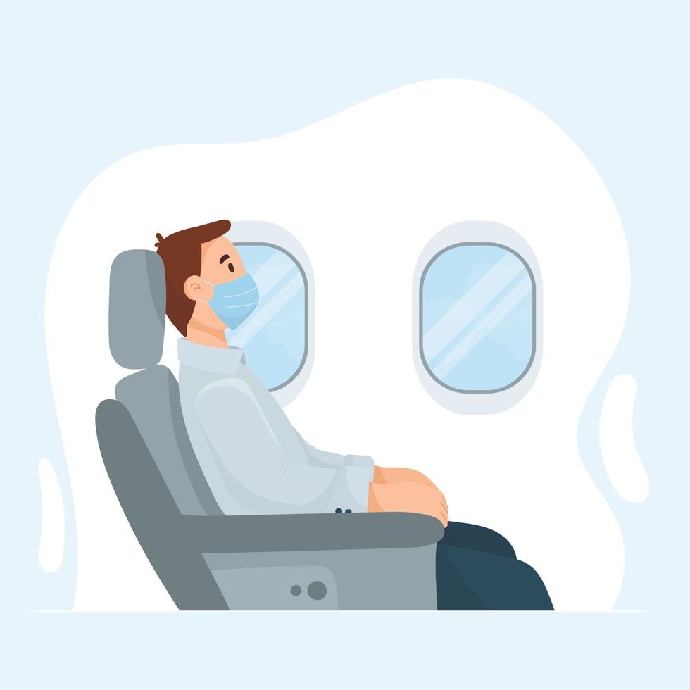 Vector flat cartoon illustration, travelling man in a plane in mask sitting in front of the porthole.