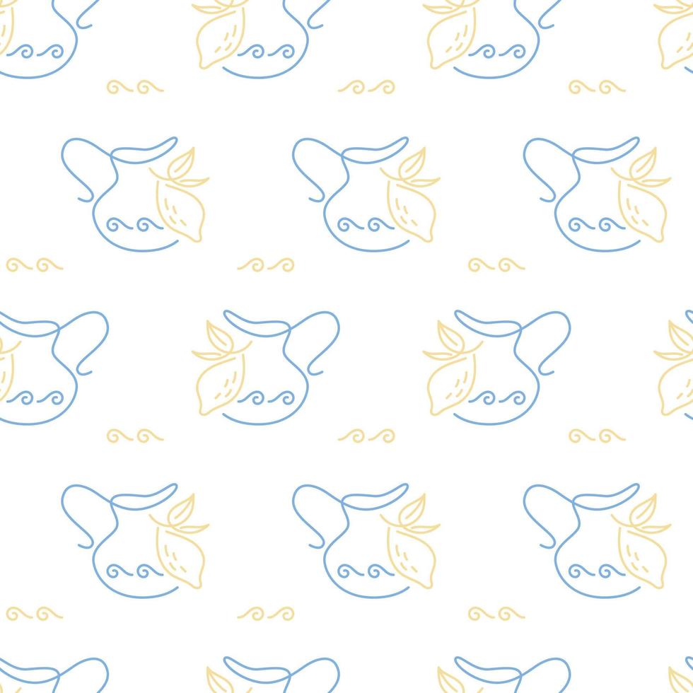Greek style oil or wine jug and lemon on a branch with leaves in line art style, simple vector seamless doodle pattern.