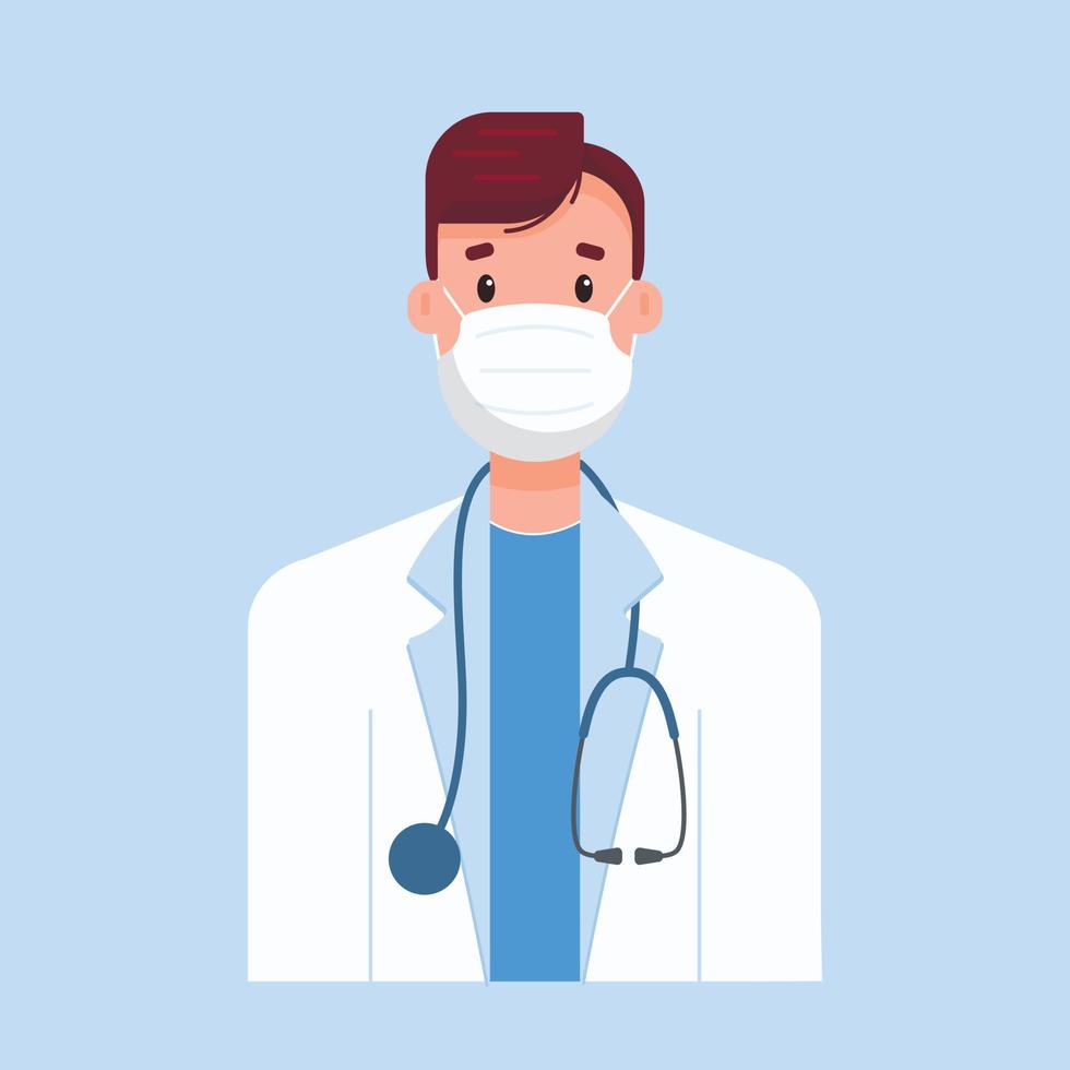 Vector flat illustration of a man doctor in a white coat with a medical mask and a stethoscope on his neck. New normal.