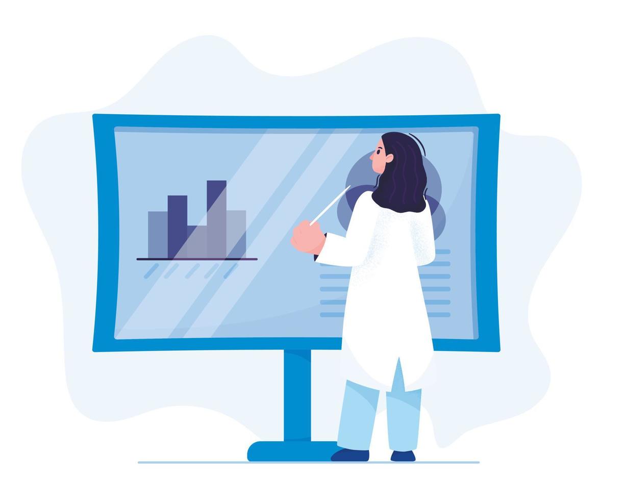 Vector illustration of a woman scientist in a white coat stands in front of an exhibition board with a pointer, shows a presentation.