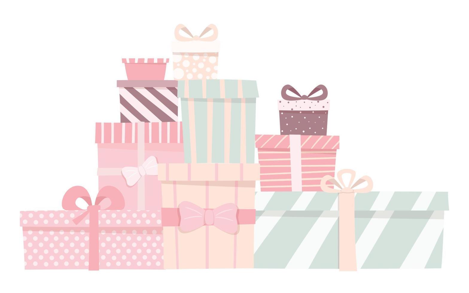 Vector illustration pile of gift boxes of different shapes and colors. Gifts with bows.