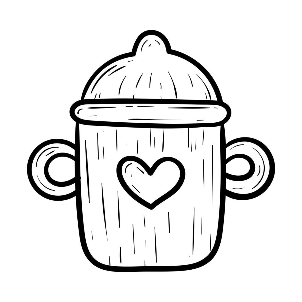 Baby drink mug with pacifier and handles, vector doodle isolated illustration.