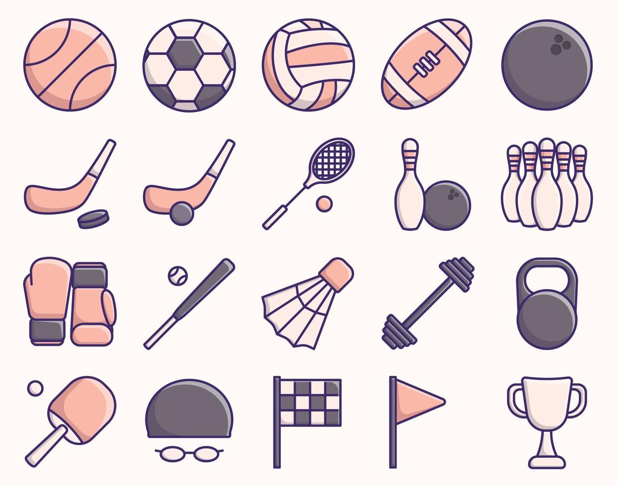 Vector illustration set of twenty icons of sports accessories of different types. Flat style sports equipment.