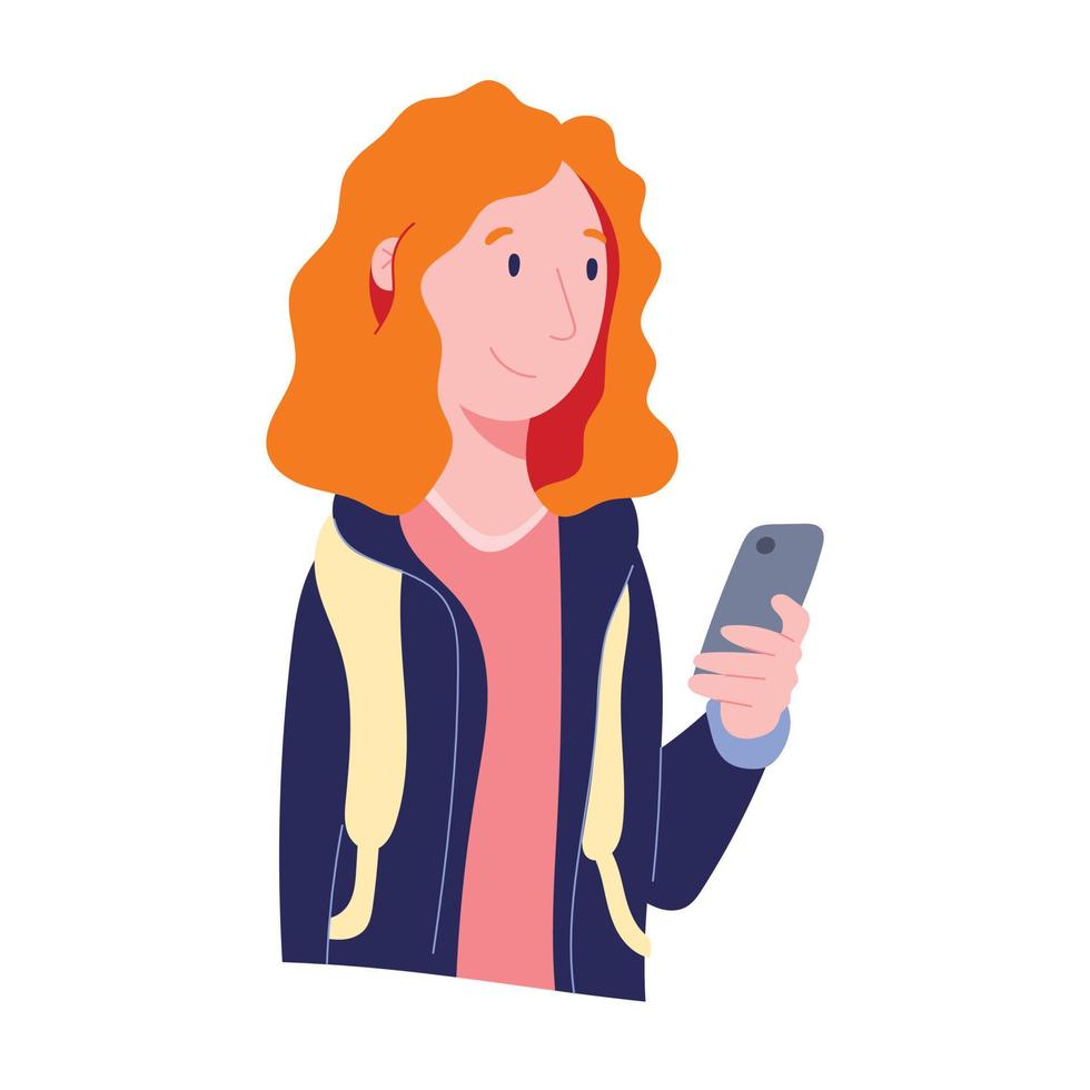 Vector illustration of a young redhead girl with a phone in her hand. A person uses a modern device for communication and chatting.