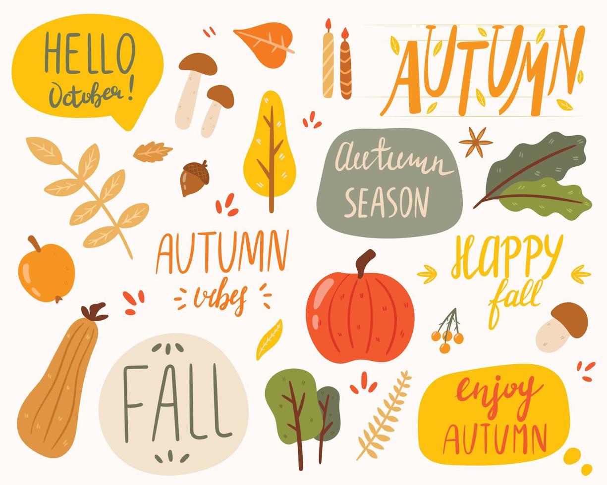 Vector illustration of a doodle set of stickers on the theme of autumn. Inscriptions and objects of nature. Fall decorations.