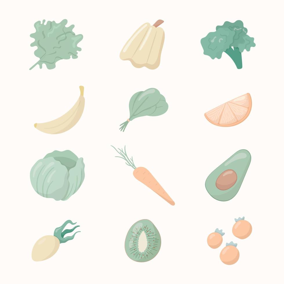 Vector illustration of a group of cartoon objects. Healthy food icons. Fruits, vegetables. Background decoration.