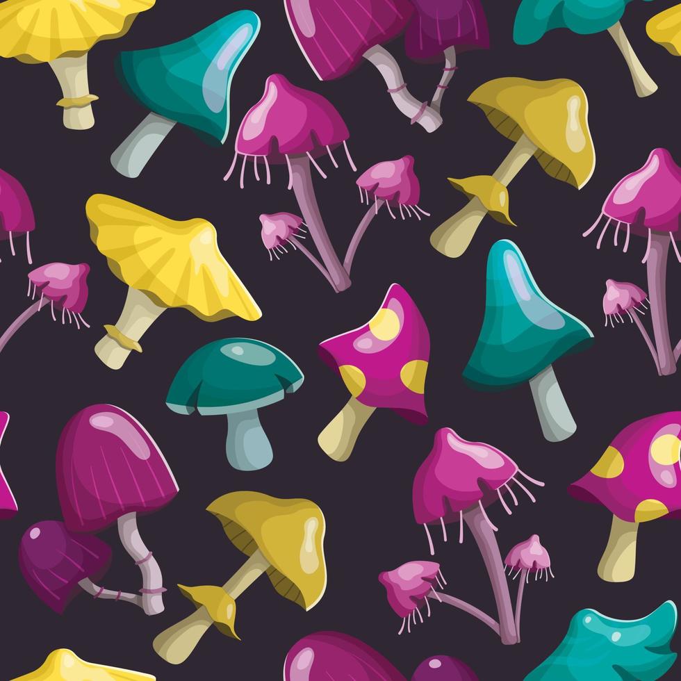 Vector illustration seamless pattern. Magic fairy mushrooms of different shapes and colors. Background decoration.