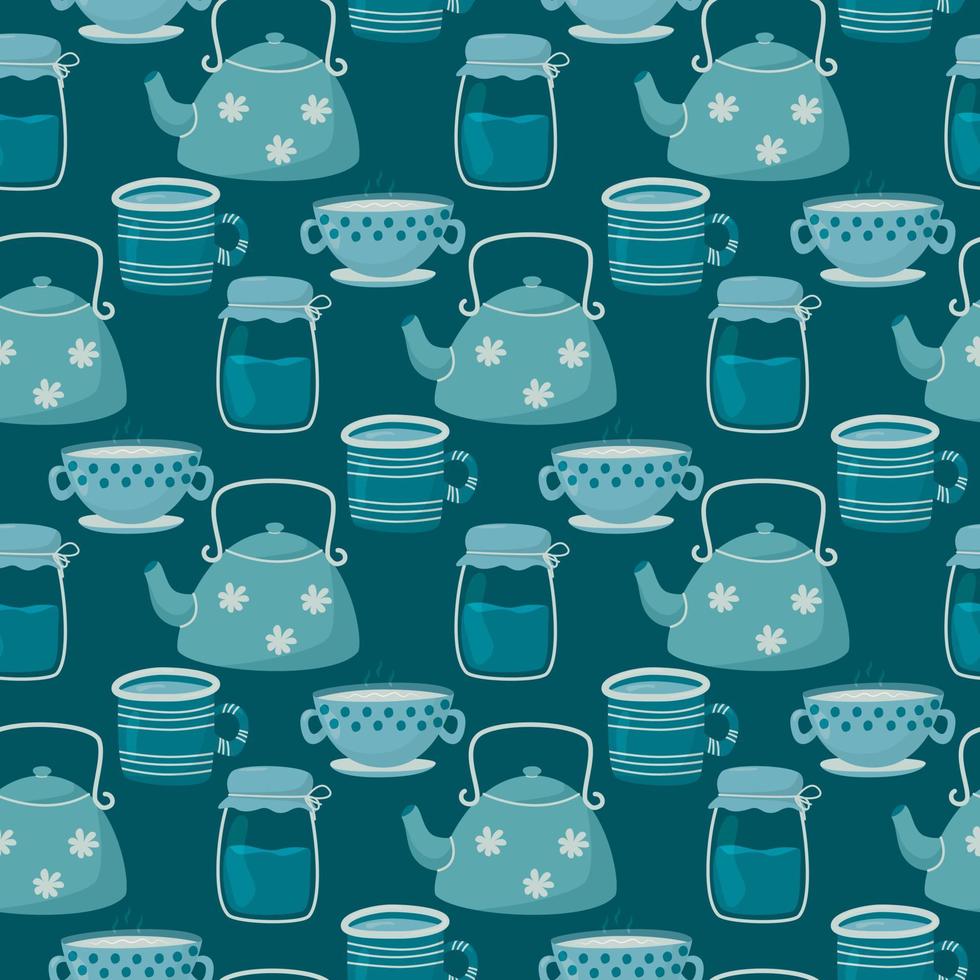 Vector illustration seamless pattern. Cute doodle tea and coffee cups, teapot and glass jar. Background decoration in cool blue colors.