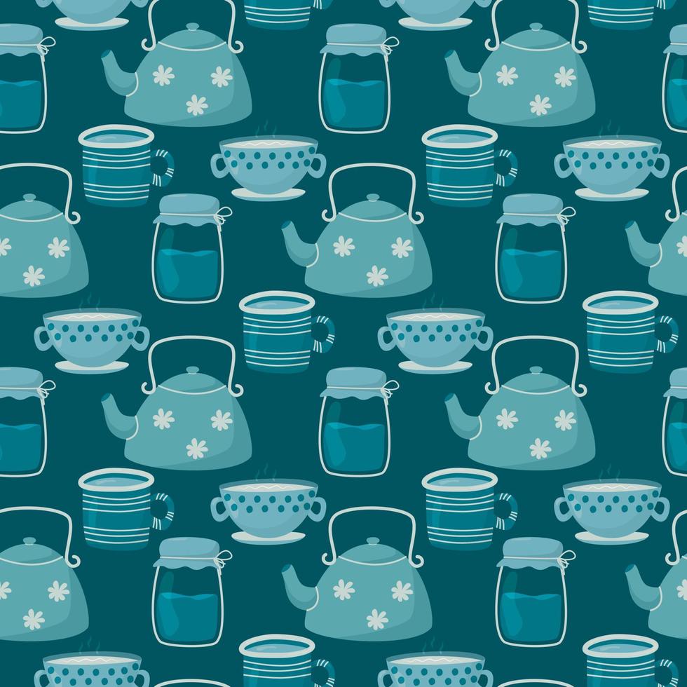 Vector illustration seamless pattern. Cute doodle tea and coffee cups, teapot and glass jar. Background decoration in cool blue colors.