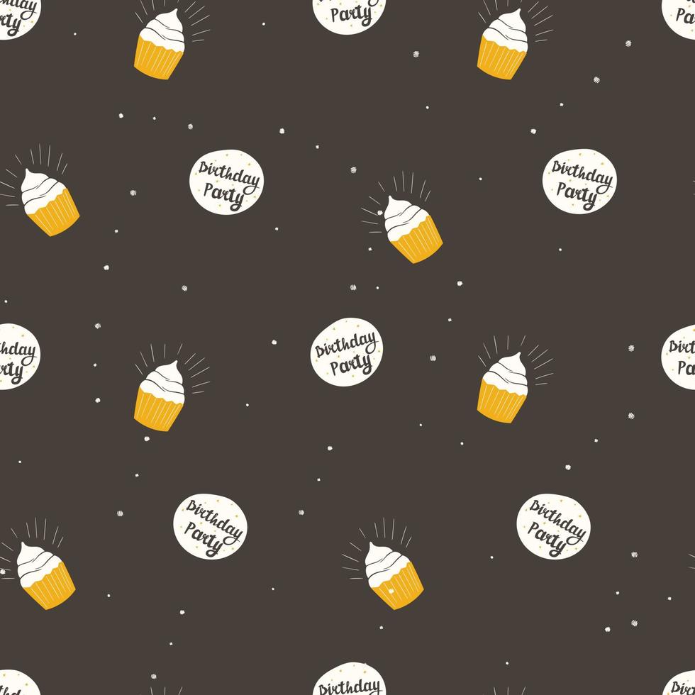 Vector illustration seamless pattern. Dark background, banner with the inscription birthday party and cupcakes. Background decoration.