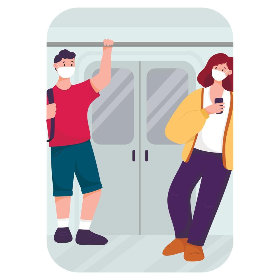 Vector flat illustration. People in the subway during the pandemic wearing masks. Man and woman in transport.