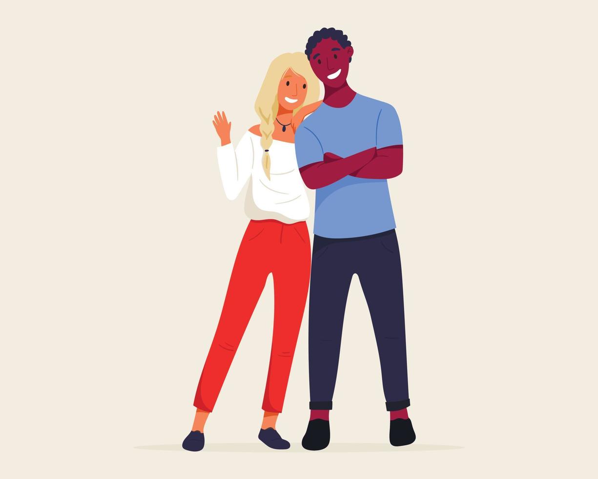 Happy cartoon vector illustration of standing man and woman. People are isolated on a white background. Positive African American and European couple. Fashionable clothes in a modern style.