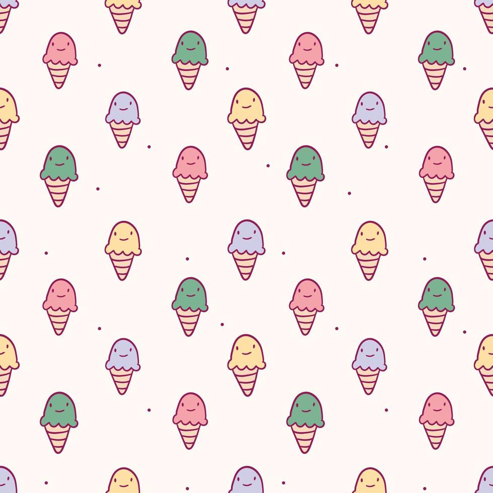 Vector seamless pattern with cute doodle isolated illustrations. Bright multi-colored ice cream cones. Decoration for background or wrapping paper.