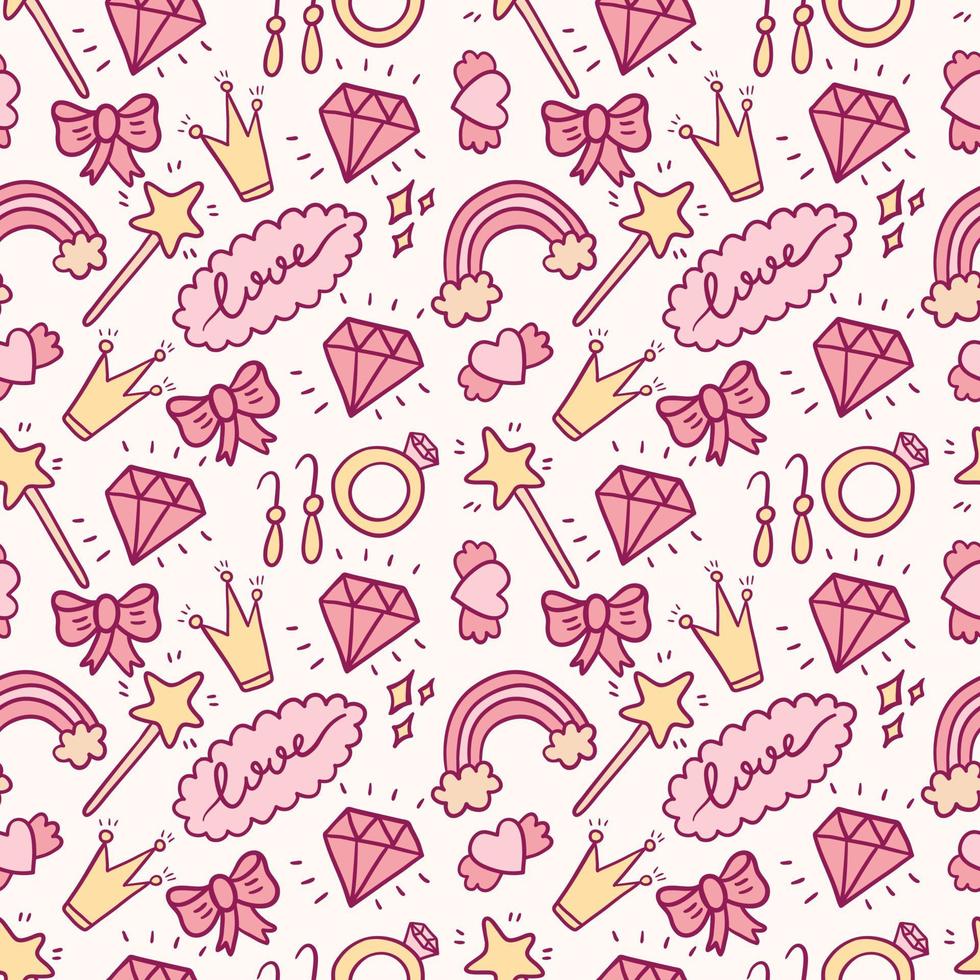 Vector pink seamless pattern. Cute doodle isolated illustration. Princess girl jewelry. Background or brown paper decoration.
