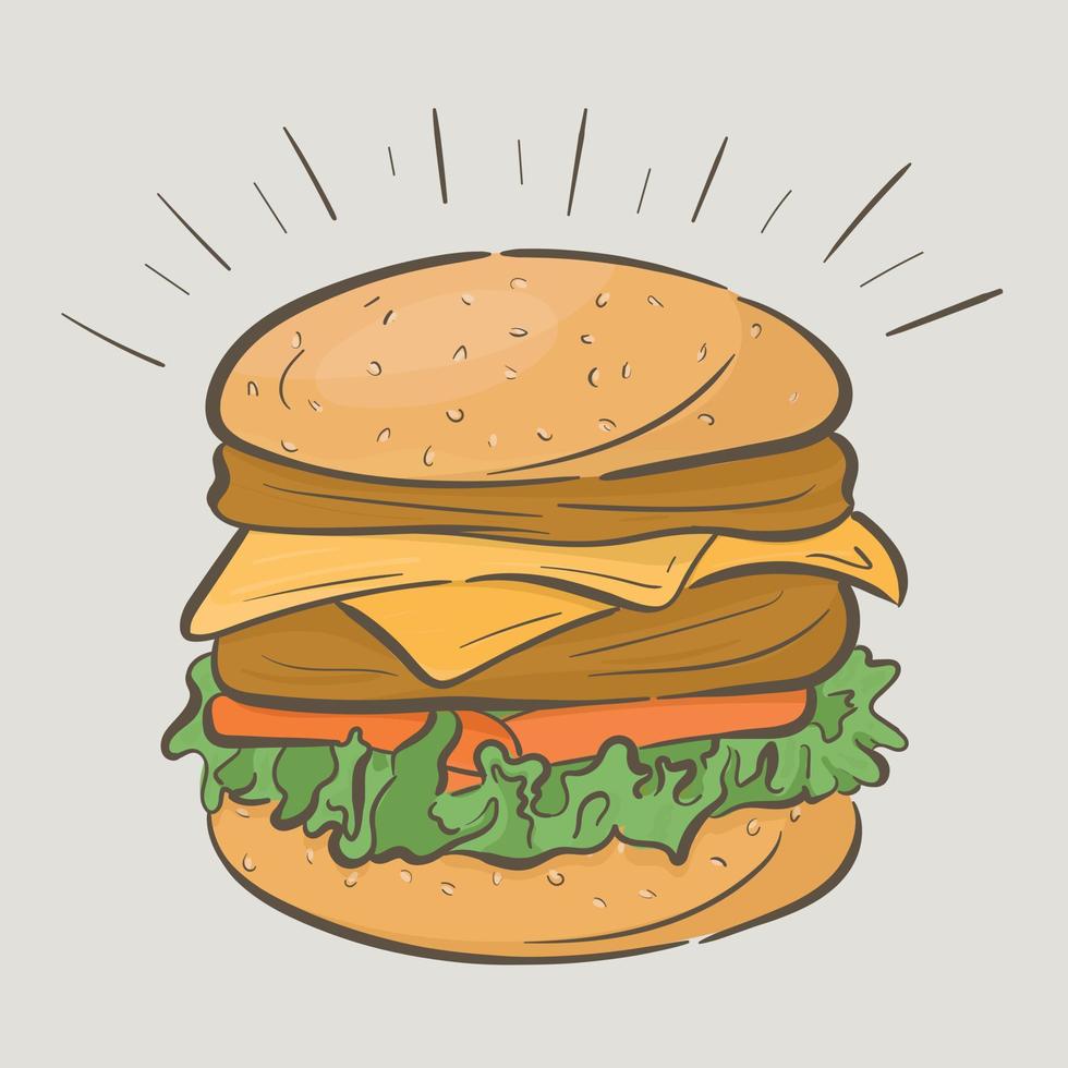 deliciosa hamburguesa alta con dos chuletas y queso. ilustración vectorial de comida rápida. vector