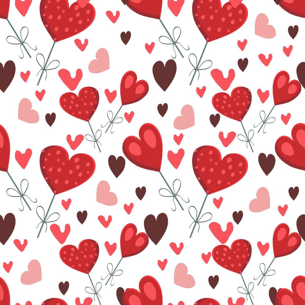 Valentines day seamless pattern with pink and red hearts, candies, cupids, diamonds and birds. Vector illustration.