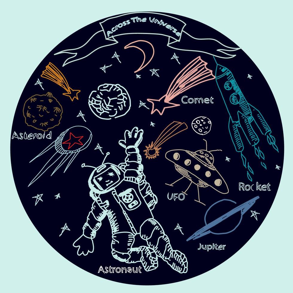 ilustración vectorial dibujada a mano. astronauta y objetos espaciales. cometas, planetas, cohetes, ovni, estrellas, meteoritos, satélite sputnik vector