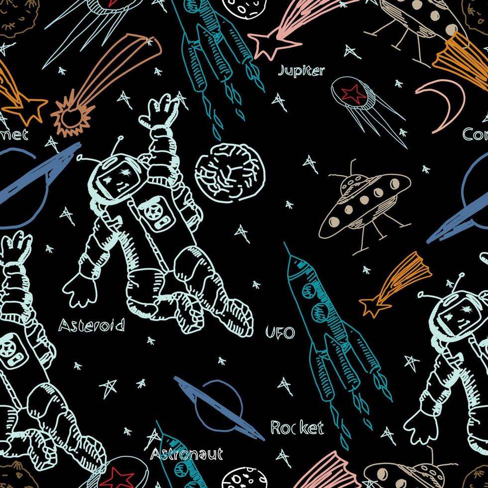 Space seamless pattern. Astronaut in outer space, stars, planets, rockets, space shuttle, ufo, comets. Hand drawn vector illustration.